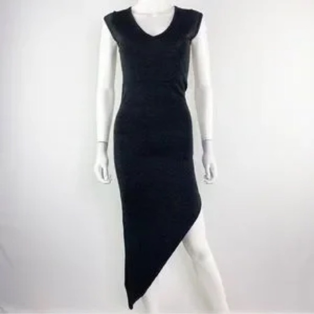 WOW COUTURE Asymmetrical Cap Sleeve Midi Cocktail Evening Dress Metallic Black
